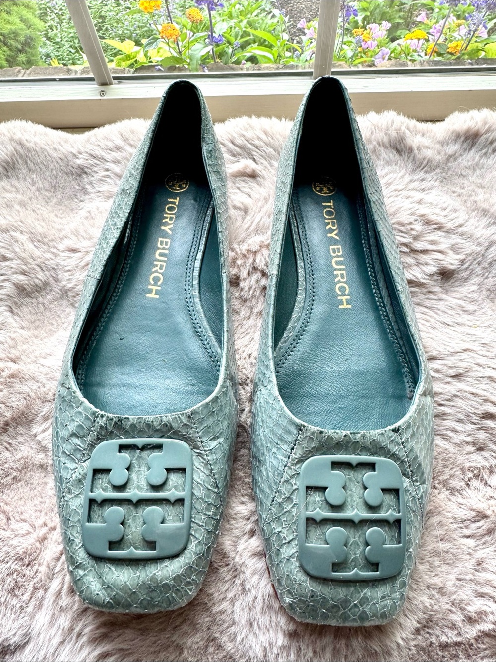 Tory Burch Light Teal Textured Logo Square-Toe Ballet Flats